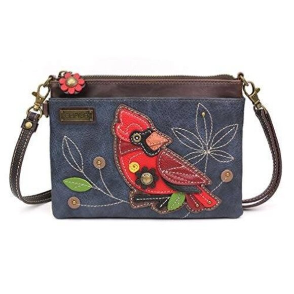 Chala Navy Convertible Crossbody Purse With Cardinal Design & Flower Zipper Pull - Picture 1 of 6